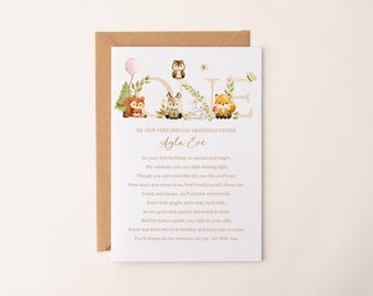 Granddaughter 1st Birthday Card Personalised granddaughter First Birthday Card Granddaughter Safari woodland 1st Birthday Card