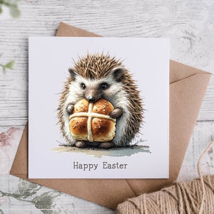 A5 Happy Easter Greeting Card, Cute Card for Easter, Hot Cross Bunny, Happy Easter Card, Hedgehog Easter Card, Hot Cross Bun Card