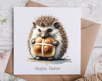 A5 Happy Easter wenskaart, leuke kaart voor Pasen, Hot Cross Bunny, Happy Easter Card, Hedgehog Paaskaart, Hot Cross Bun Card