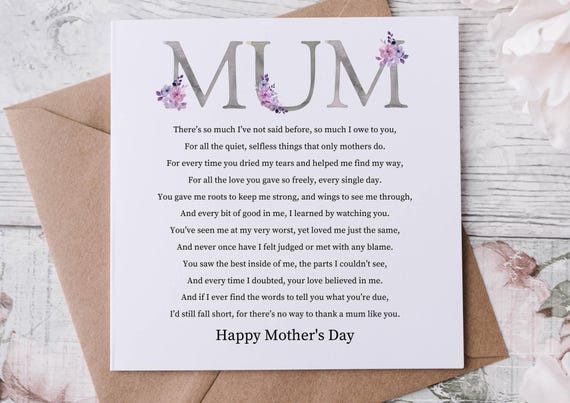 Mothers Day Poem Card, Mothering sunday, Personalised Mothers Day card
