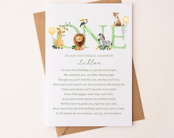 Grandson 1st Birthday Card Personalised grandson First Birthday Card Grandson Safari Jungle 1st Birthday Card