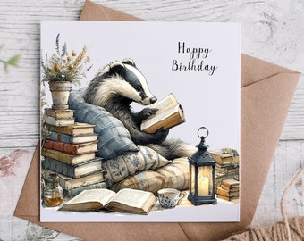 A4 Badger Birthday Card Personalised, Sweet Birthday Card, Floral Birthday Card