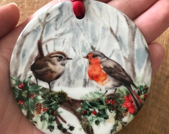 Personalized Wren and Robin Ceramic Christmas Ornament | Woodland Decoration
