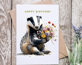 A5 Badger Birthday Card Personalised, Sweet Birthday Card, Floral Birthday Card