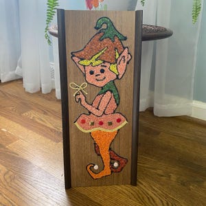 Vintage Midcentury Gravel Art Mosaic Panel Elf Pixie 1950s-1960s MCM Home Wall Decor Hangings Orange Pink Hippie