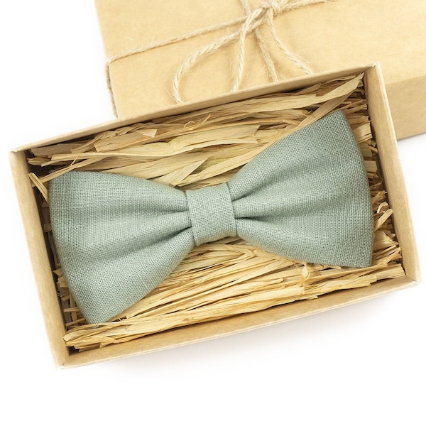 Dusty Sage Green wedding bow tie for groomsmen and groom / Ring bearer bow tie or linen necktie for man