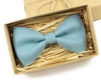 Sea Blue linen bow ties for men and toddler boys / Anniversary gift for husband or gift for fiance on wedding day