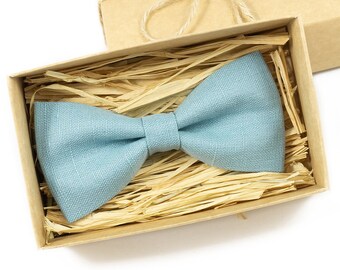 Sea Blue color linen groomsmen ties for weddings available with matching pocket square / Sea blue bow ties for men and toddler boys