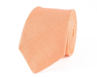 Peach color linen handmade skinny or slim necktie for man / Unique wedding tie for groomsmen