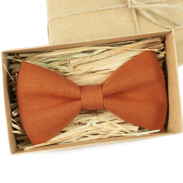 Burnt orange linen groomsmen bow ties for weddings / Unique gift for men husband or boyfriend