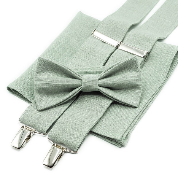 Dusty Sage Green bow ties for men and toddler boys available with matching pocket square or Y back suspenders / Anniversary Gift for men