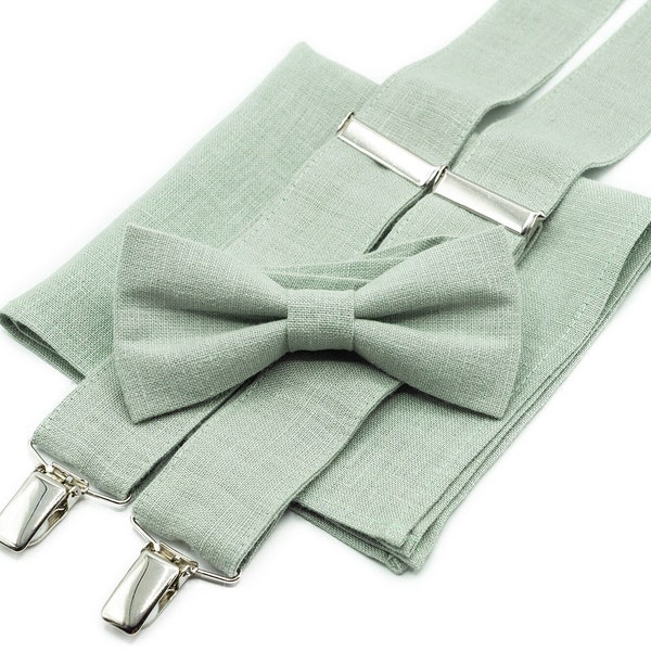 Noeuds papillon pré-noués Dusty Sage Green disponibles avec pochette assortie ou bretelles arrière en Y pour hommes et garçons / Cravates de mariage sauge légère