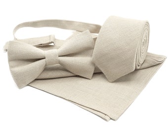 Nœuds papillon et cravates en lin de couleur BEIGE pour hommes et garçons disponibles avec pochette de costume assortie / cravates de couleur BEIGE pour les mariages rustiques