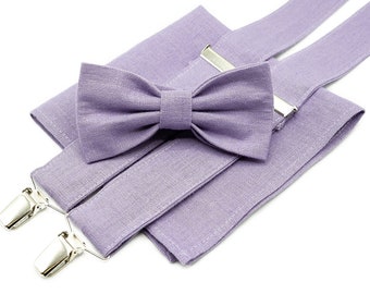 Dúo de padre e hijo: Pajarita de mariposa de lino de lavanda disponible con tirantes en Y a juego o pañuelo de bolsillo - Regalo perfecto para el día del padre