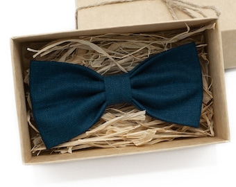 Ink Blue pre-tied butterfly bow ties for man and baby boys / Linen wedding bow ties for groomsman proposal gift