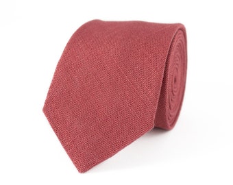 Dark rose linen groomsmen tie for weddings / Chianti rose color handmade necktie for man