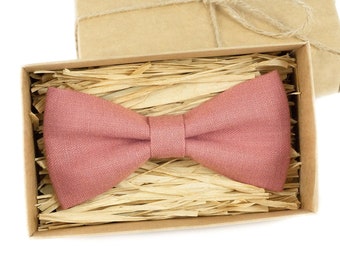 Dark dusty rose pre-tied linen wedding bow ties for groomsman and groom / Anniversary gift for men