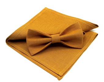 Nœuds papillon en lin pré-noués couleur moutarde pour hommes et bébés garçons disponibles avec pochette de costume assortie / Cravate couleur moutarde pour homme