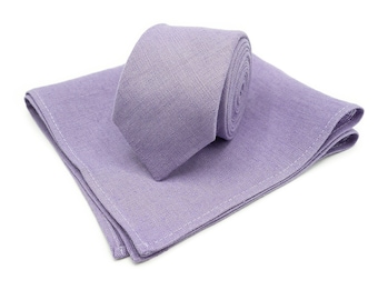 Elegante cravatta da sposo in lino color lavanda disponibile con fazzoletto da taschino abbinato - Abito da sposa essenziale per uomo / Cravatta da uomo