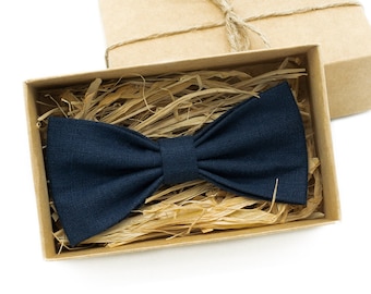 Midnight Blue color linen bow ties for men and baby boys / Pre-tied bow ties available with matching pocket square