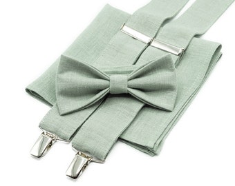 Nœuds papillon vert sauge poussiéreux pour hommes et petits garçons disponibles avec pochette de costume assortie ou bretelles en Y/cadeau d'anniversaire pour homme