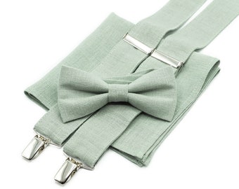 Dusty Sage Green pre-tied bow ties available with matching pocket square or Y back suspenders for men and boys / Light sage wedding ties