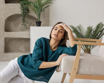 Linen Boat Neck Blouse | 3/4 Sleeve Relaxed Top - DIVA