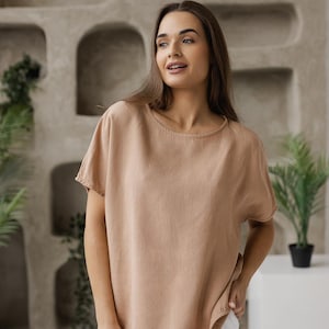 Boxy Linen Blouse – Women&#39;s Relaxed Fit, Breathable Natural Linen Top - TESSARA