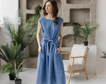 Linen Midi Dress, Belted, Sleeveless - Handmade Summer Clothing - LINUVA