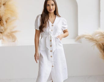 Puff Sleeve Linen Midi Dress | Button-Up Summer Dress - PEARLIVA