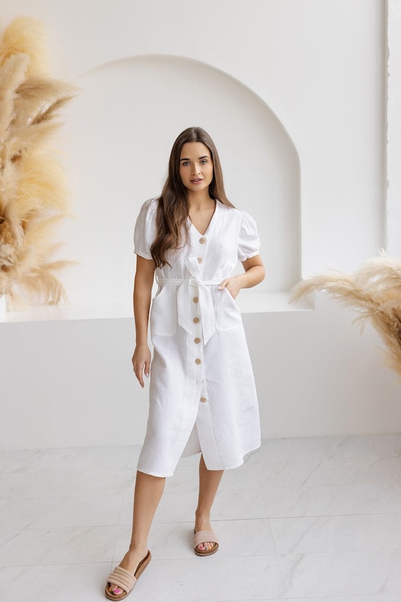 Puff Sleeve Linen Midi Dress | Button-Up Summer Dress - PEARLIVA Puff Sleeve Linen Midi Dress | Button-Up Summer Dress - PEARLIVA