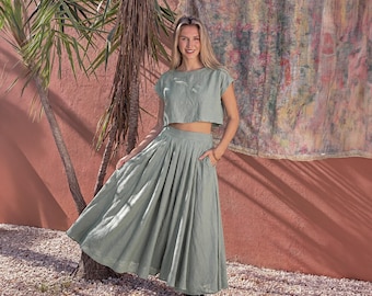 Dusty Sage Green Linen Set, Two Piece Bridesmaid Outfit, Crop Top and Midi Skirt Set, Boxy Linen Top, Summer Co Ord with Pockets