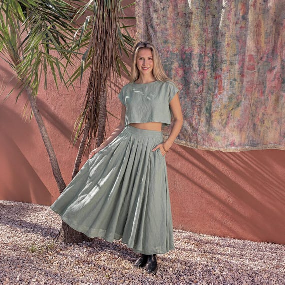 Dusty Sage Green Linen Set, Two Piece Bridesmaid Outfit, Crop Top and Midi Skirt Set, Boxy Linen Top, Summer Co Ord with Pockets