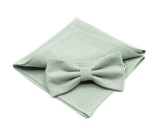 Dusty Sage Green Linen Bow Tie & Pocket Square - Handmade Wedding Groomsmen