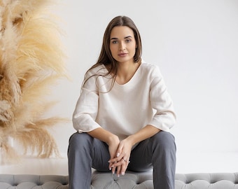 Relaxed Fit Linen Trousers, Women's Straight Leg Linen Pants - ARVANA