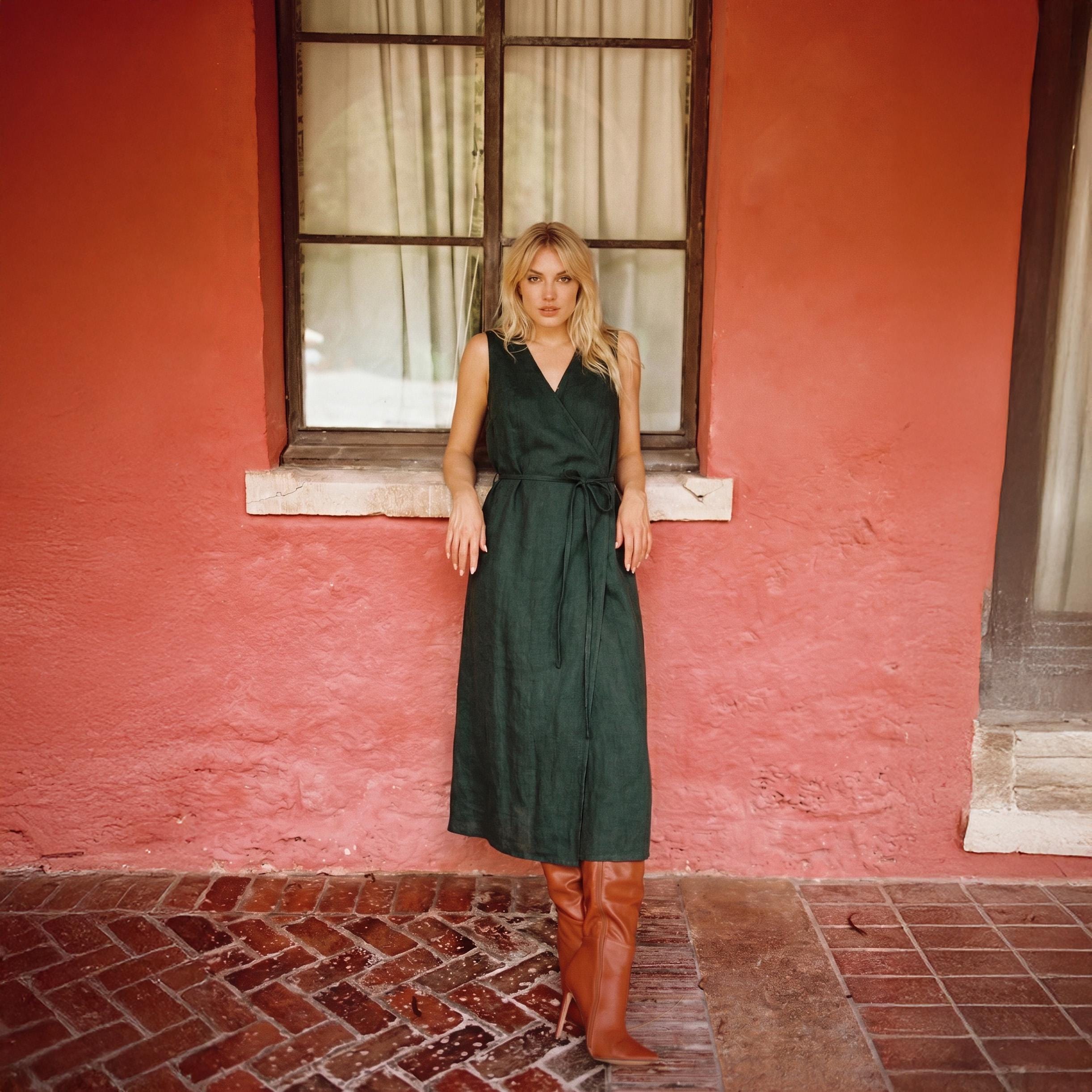 Pine Green Linen Dress - Etsy