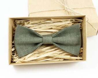 Dark Sage green classic bow ties for men / Wedding bow ties for groomsmen made from eco-friendly linen