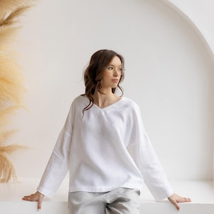 Linen Blouse - Oversized V-Neck, Relaxed Fit, Sustainable, Natural Linen Top - SOLVIA