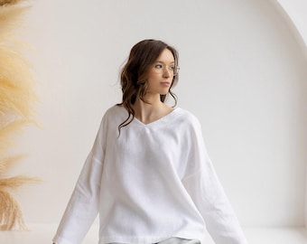 Blusa de lino - Cuello en V amplio, corte relajado, sostenible, top de lino natural - SOLVIA