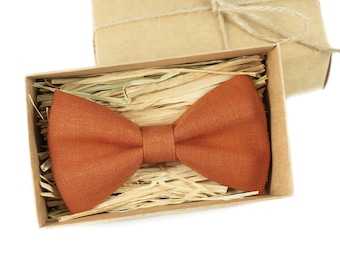 Handmade Burnt Orange Linen Bow Tie: Wedding Groomsmen Gift