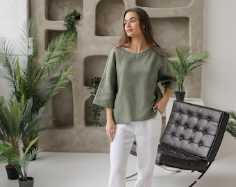 Oversized Linen Kimono Blouse | Loose Summer Top - ZENOVA