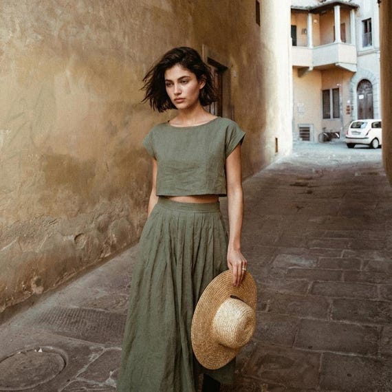 Eucalyptus (Sage Green) Linen Set, Linen Two Piece Outfit, Crop Top and Midi Skirt Set, Boxy Linen Top, Summer Co Ord