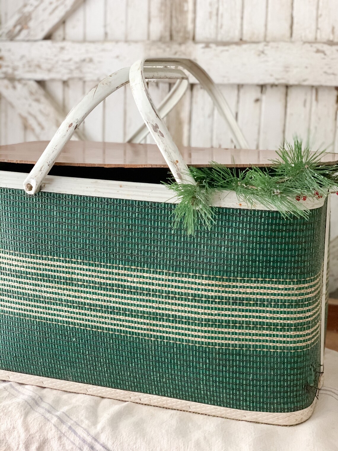 Green Vintage Picnic Basket Farmhouse Holiday Decor Etsy