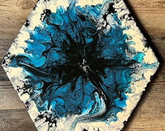 Original Fluid Art Painting "Shadowbloom"  Black and Blue Hexagon Artwork