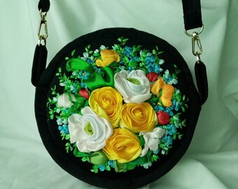 Ukrainian handmade velvet round black bag embroidered with Forget-me-not and Rose satin ribbons. Modern Gift