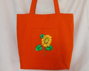 Embroidered Sunflower Cotton Tote Bag: Handmade Orange Weekend Shopper Eco - bag