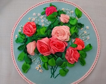 Pink Roses Ribbon Embroidery, Handmade Wall Decor (10.6" Diameter)