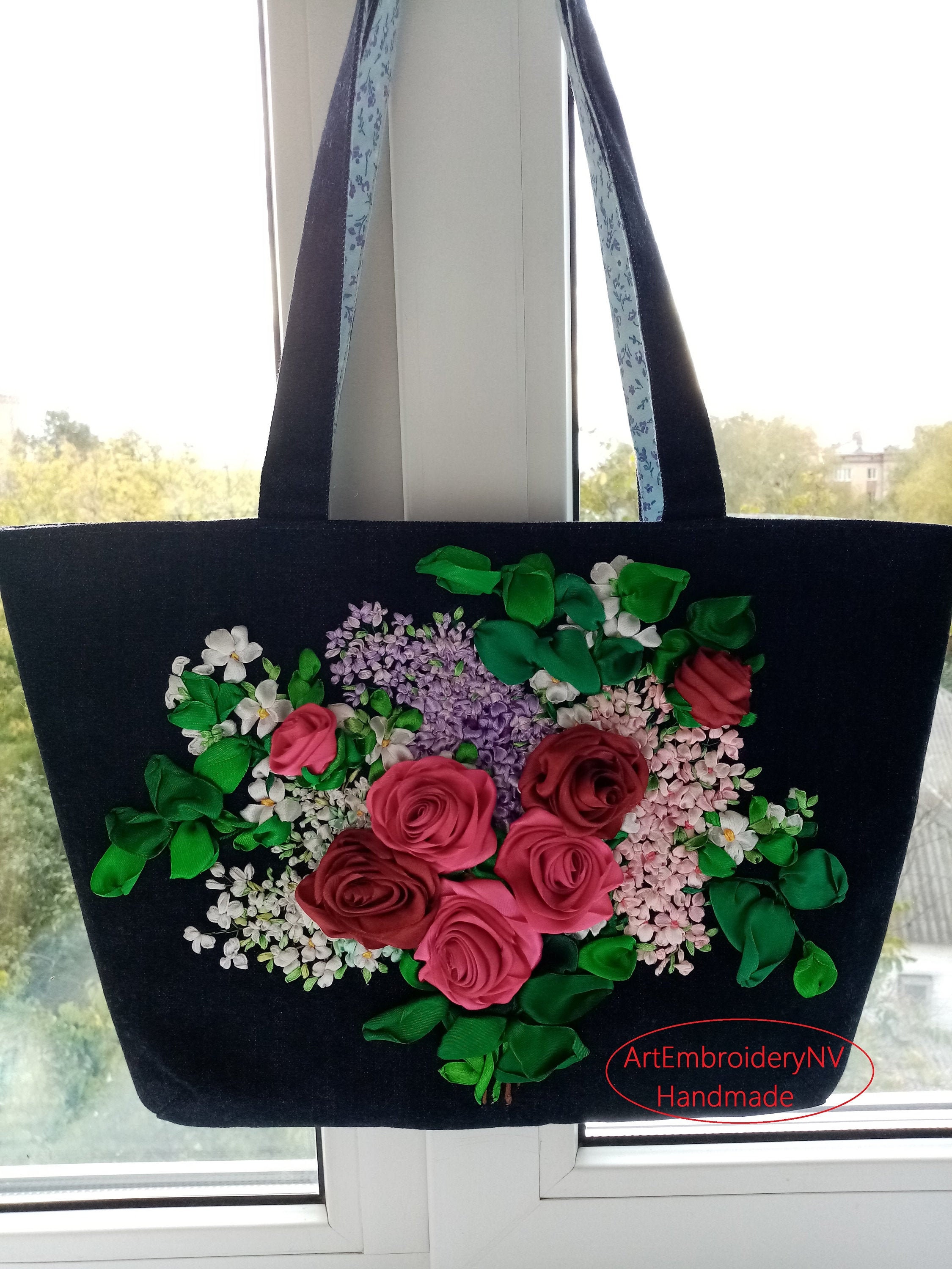 Ukrainian Handmade Blue Denim Bag Embroidered With Ribbons
