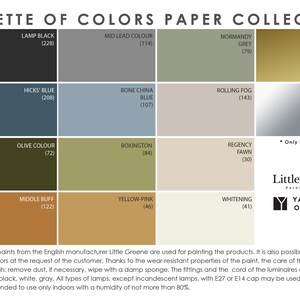 K&ouml;nnte beinhalten: Eine Farbpalette mit 12 Farben von Little Greene Paint & Paper. Die Farben sind benannt und nummeriert. Die Farbpalette tr&auml;gt den Titel "Palette of Colors Paper Collection".