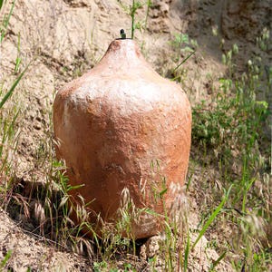 Op de afbeelding: Een groot, roodbruin, getextureerd keramisch vat met een smalle hals en een kleine, donkere dop. Het vat is gedeeltelijk begraven in de grond, omgeven door droog gras en onkruid.